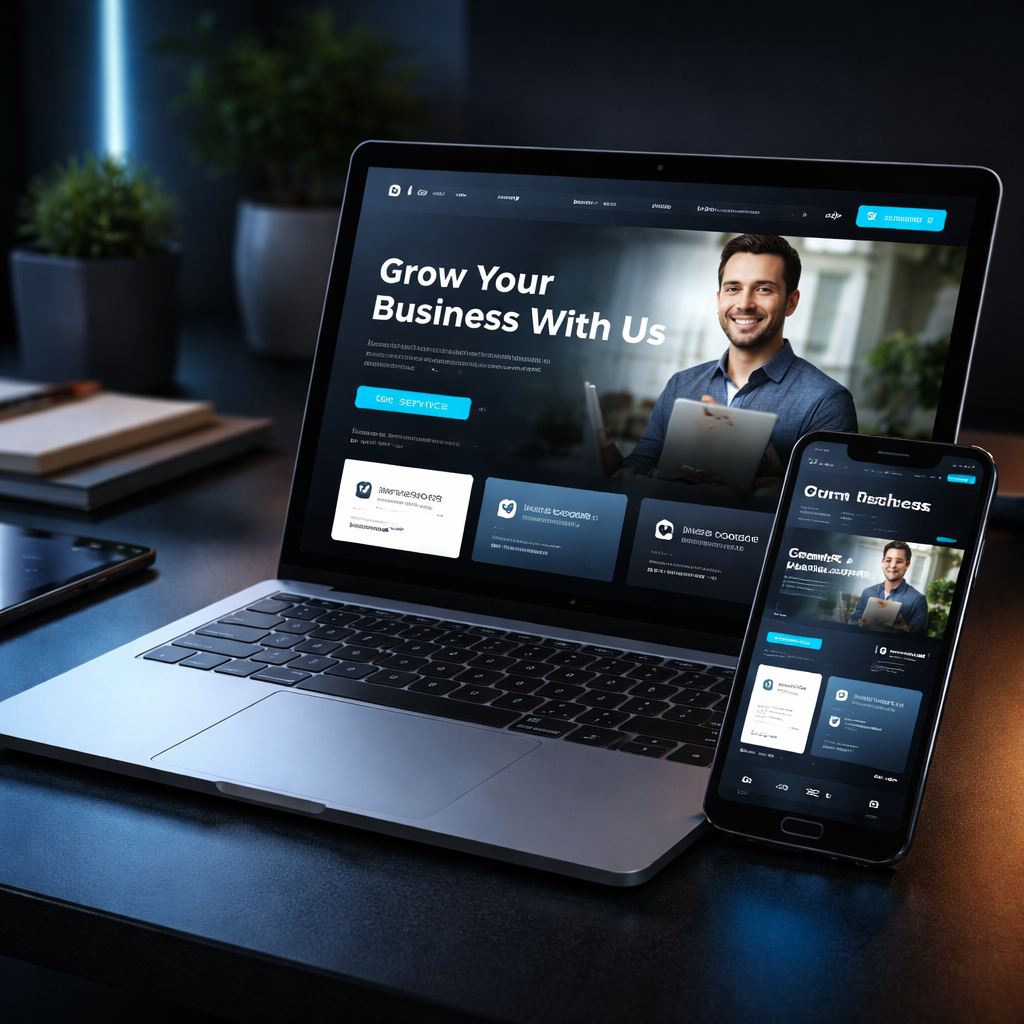 Website preview shown on laptop and phone