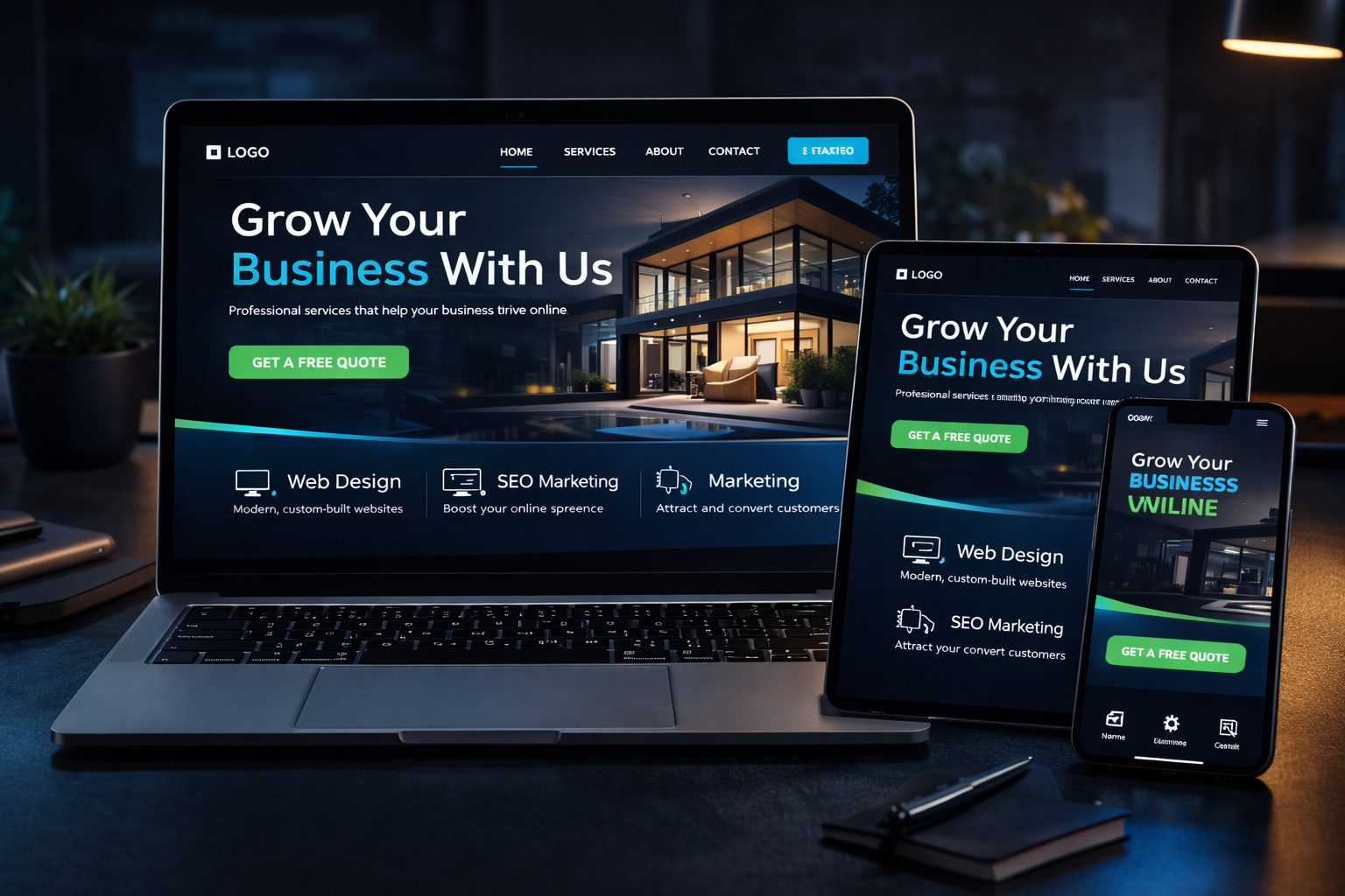 Responsive website preview on desktop tablet and phone